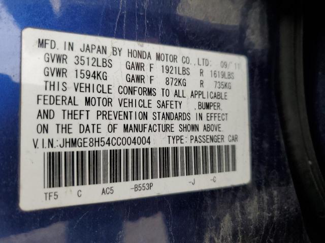 JHMGE8H54CC004004 - 2012 HONDA FIT SPORT BLUE photo 12