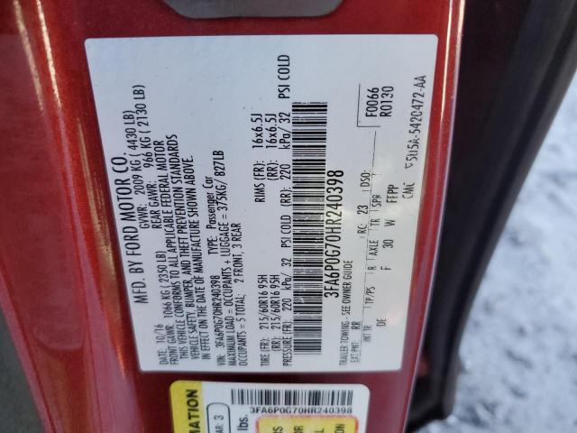 3FA6P0G70HR240398 - 2017 FORD FUSION S RED photo 12
