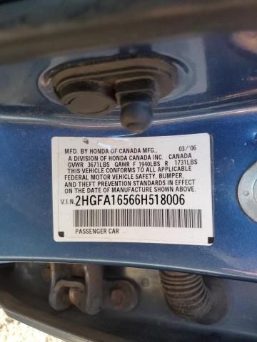 2HGFA16566H518006 - 2006 HONDA CIVIC LX BLUE photo 12