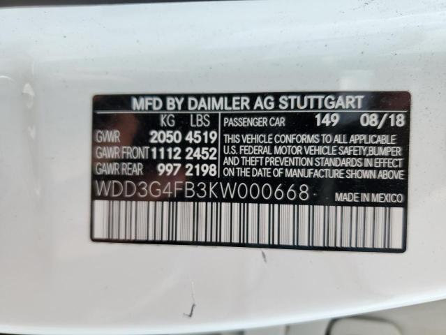 WDD3G4FB3KW000668 - 2019 MERCEDES-BENZ A 220 4MATIC WHITE photo 13