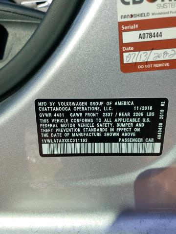 1VWLA7A3XKC011193 - 2019 VOLKSWAGEN PASSAT WOLFSBURG 银色 照片 12