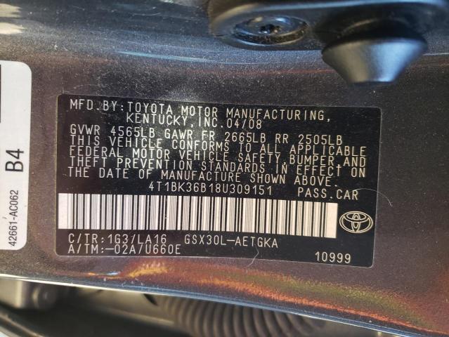 4T1BK36B18U309151 - 2008 TOYOTA AVALON XL GRAY photo 12