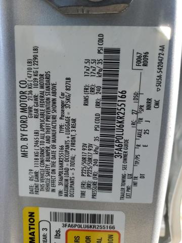 3FA6P0LU6KR255166 - 2019 FORD FUSION SE SILVER photo 12