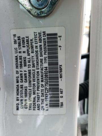 19XFC2F75GE089244 - 2016 HONDA CIVIC EX WHITE photo 12