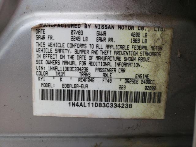 1N4AL11D83C334238 - 2003 NISSAN ALTIMA BASE SILVER photo 12