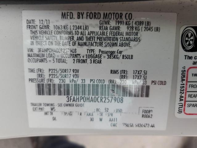 3FAHP0HA0CR257908 - 2012 FORD FUSION SE WHITE photo 12