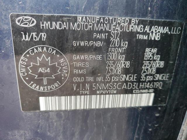 5NMS3CAD3LH146190 - 2020 HYUNDAI SANTA FE SEL BLUE photo 14