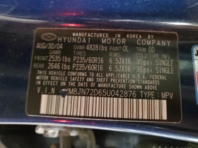 KM8JN72D65U042876 - 2005 HYUNDAI TUCSON GLS BLUE photo 12