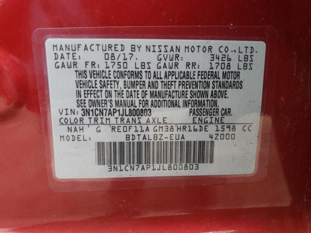 3N1CN7AP1JL800803 - 2018 NISSAN VERSA S RED photo 13