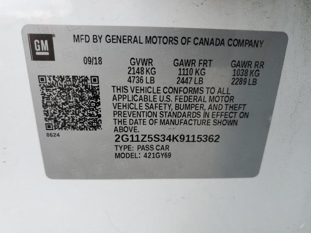 2G11Z5S34K9115362 - 2019 CHEVROLET IMPALA LT WHITE photo 12