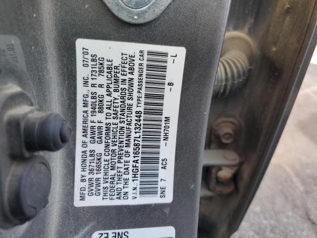 1HGFA16587L132448 - 2007 HONDA CIVIC LX GRAY photo 12