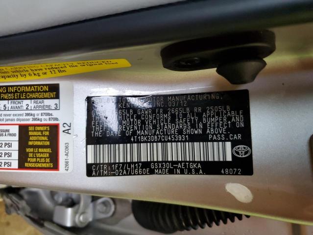 4T1BK3DB7CU453931 - 2012 TOYOTA AVALON BASE Gümüş foto 12