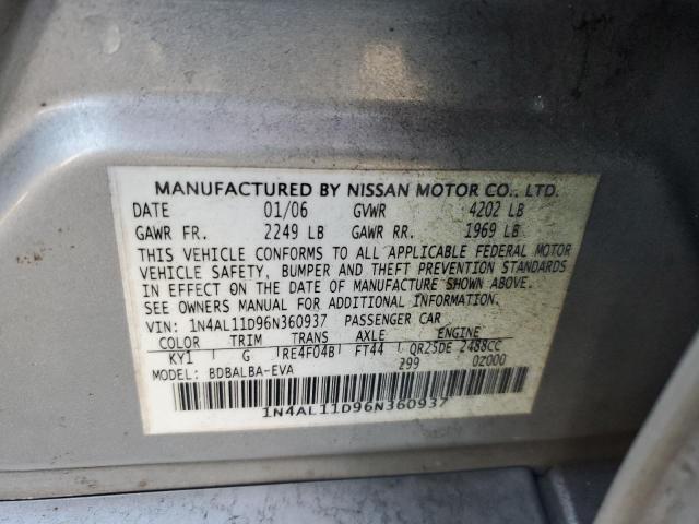 1N4AL11D96N360937 - 2006 NISSAN ALTIMA S SILVER photo 12