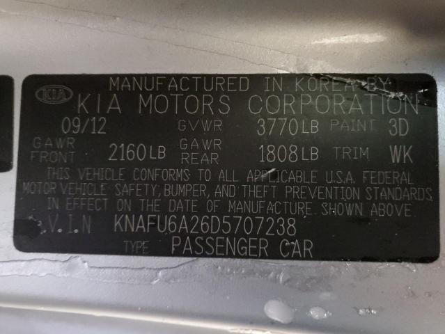 KNAFU6A26D5707238 - 2013 KIA FORTE EX SILVER photo 12