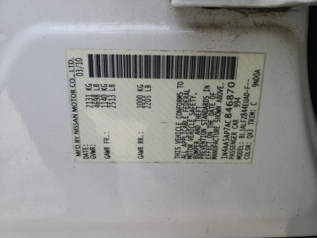 1N4AA5AP7AC846870 - 2010 NISSAN MAXIMA S WHITE photo 12