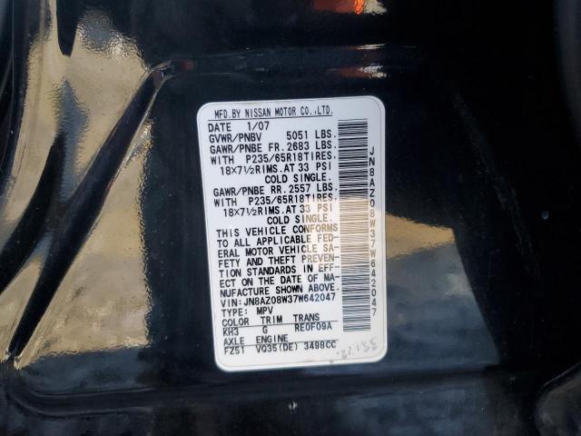 JN8AZ08W37W642047 - 2007 NISSAN MURANO SL BLACK photo 12