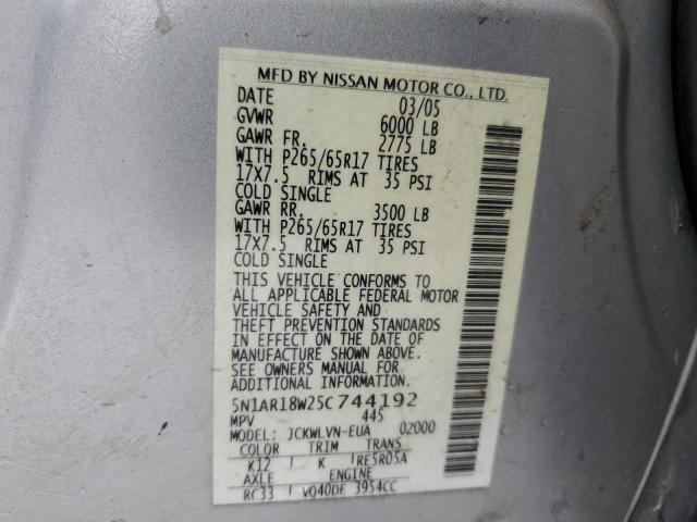 5N1AR18W25C744192 - 2005 NISSAN PATHFINDER LE ვერცხლისფერი ფოტო 13