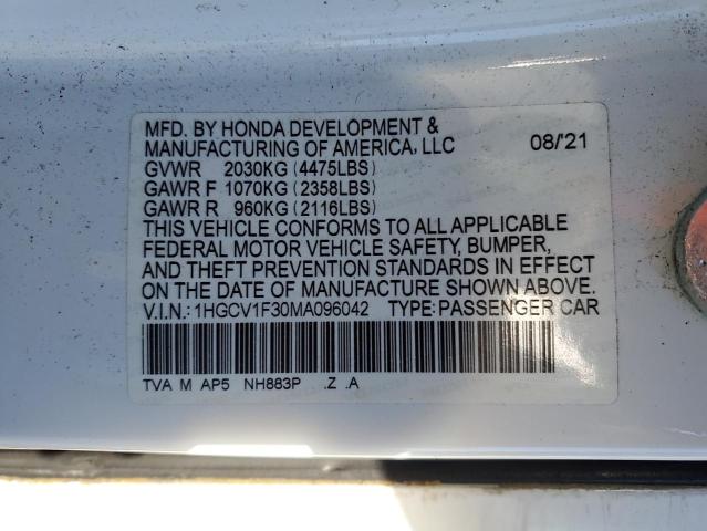 1HGCV1F30MA096042 - 2021 HONDA ACCORD SPORT WHITE photo 12