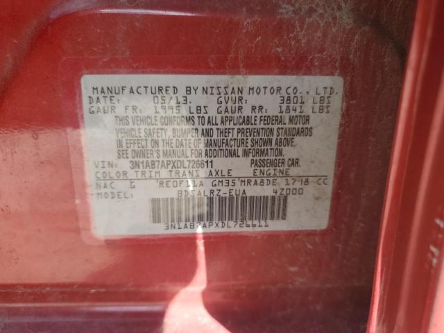 3N1AB7APXDL726611 - 2013 NISSAN SENTRA S RED photo 12