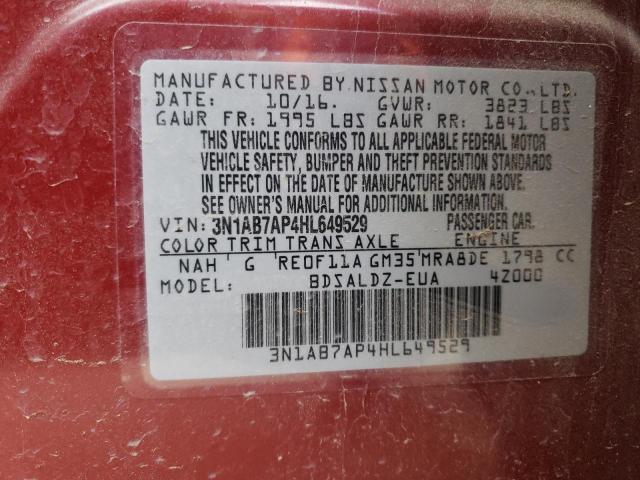 3N1AB7AP4HL649529 - 2017 NISSAN SENTRA S RED photo 12