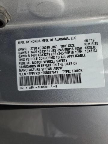 5FPYK3F19KB037641 - 2019 HONDA RIDGELINE SPORT SILVER photo 12