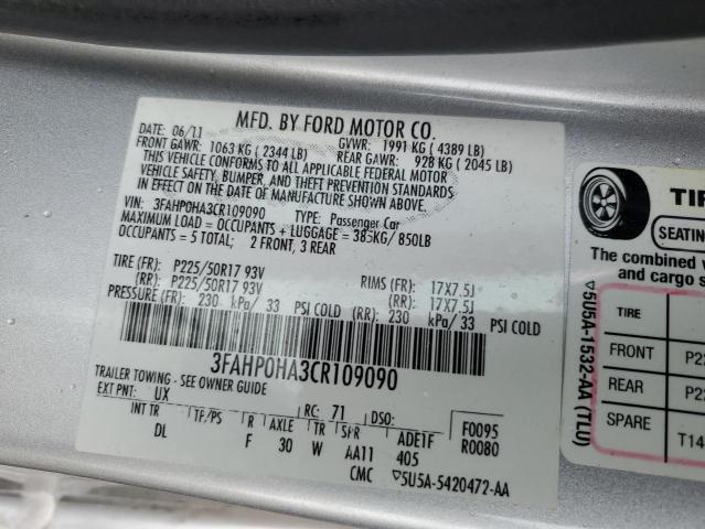 3FAHP0HA3CR109090 - 2012 FORD FUSION SE SILVER photo 12