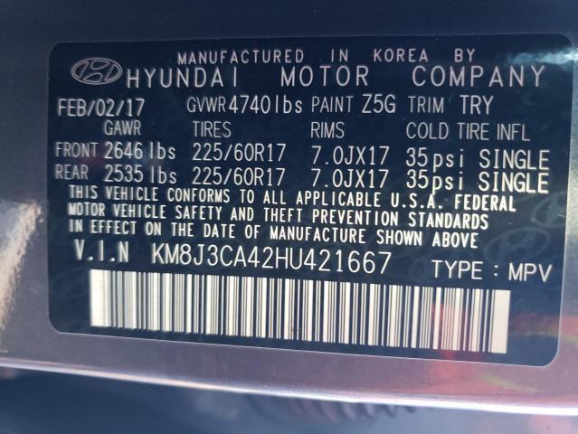 KM8J3CA42HU421667 - 2017 HYUNDAI TUCSON LIMITED GRAY photo 13