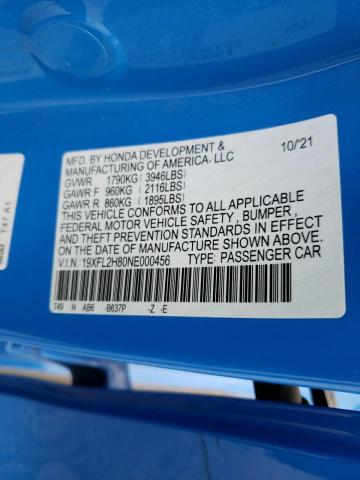 19XFL2H80NE000456 - 2022 HONDA CIVIC SPORT BLUE photo 12