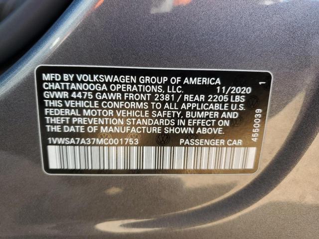 1VWSA7A37MC001753 - 2021 VOLKSWAGEN PASSAT SE GRAY photo 12