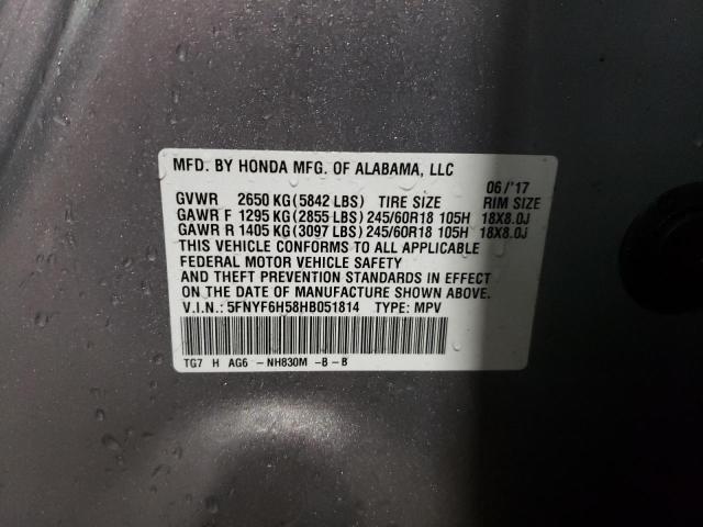 5FNYF6H58HB051814 - 2017 HONDA PILOT EXL GRAY photo 13