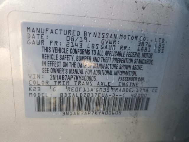 3N1AB7AP7KY400605 - 2019 NISSAN SENTRA S SILVER photo 12