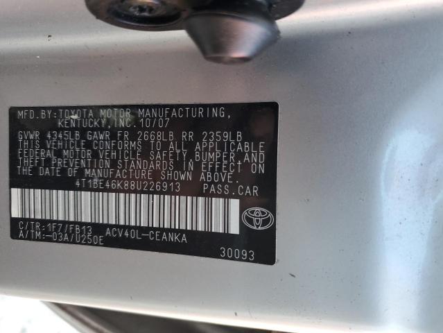 4T1BE46K88U226913 - 2008 TOYOTA CAMRY CE SILVER photo 12