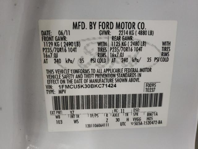 1FMCU5K30BKC71424 - 2011 FORD ESCAPE HYBRID WHITE photo 12