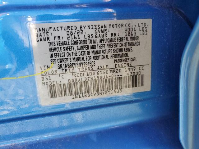 3N1AB8CV3NY291503 - 2022 NISSAN SENTRA SV BLUE photo 12