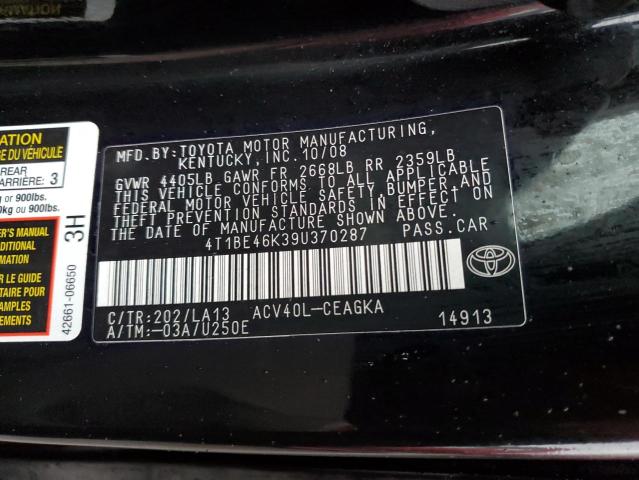 4T1BE46K39U370287 - 2009 TOYOTA CAMRY BASE BLACK photo 12