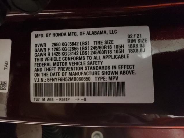 5FNYF6H52MB060650 - 2021 HONDA PILOT EXL MAROON photo 13