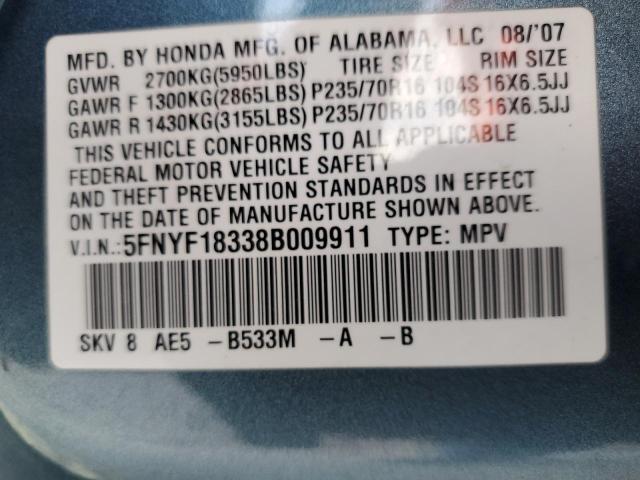 5FNYF18338B009911 - 2008 HONDA PILOT SE BLUE photo 13