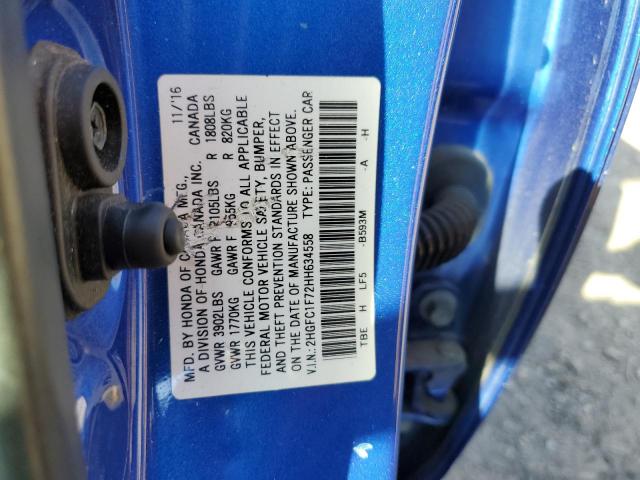 2HGFC1F72HH634558 - 2017 HONDA CIVIC EXL BLUE photo 12