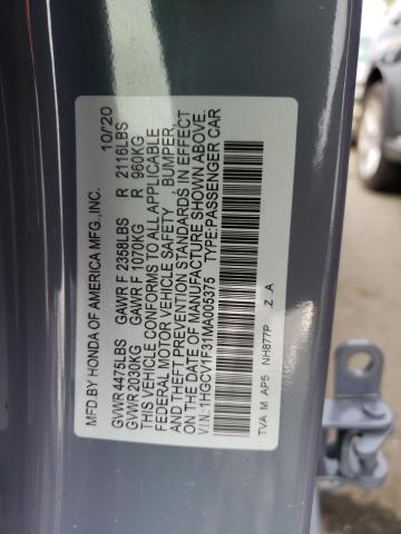 1HGCV1F31MA005375 - 2021 HONDA ACCORD SPORT GRAY photo 12