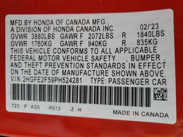 2HGFE2F59PH524281 - 2023 HONDA CIVIC SPORT RED photo 12