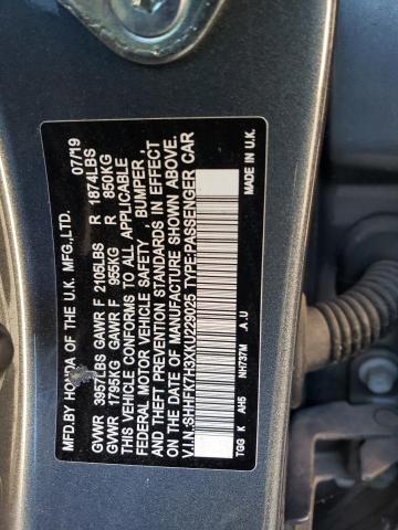 SHHFK7H3XKU229025 - 2019 HONDA CIVIC LX GRAY photo 13