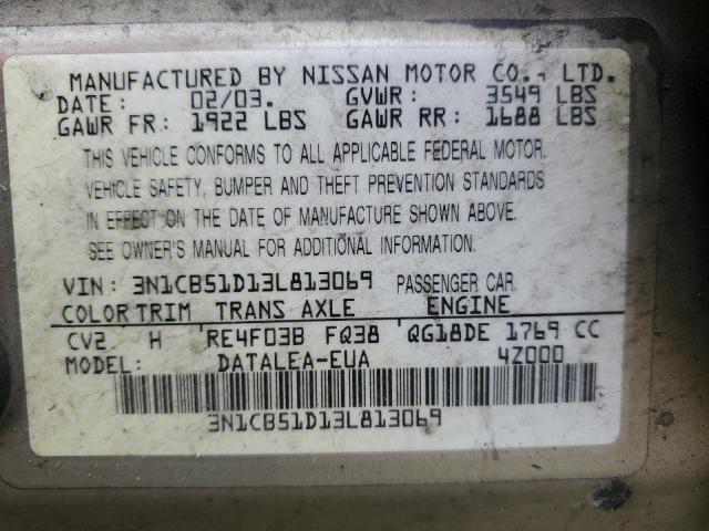 3N1CB51D13L813069 - 2003 NISSAN SENTRA XE GOLD photo 12