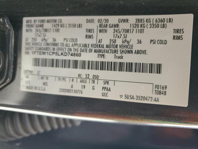 1FTEW1CP5LKD74860 - 2020 FORD F150 SUPERCREW GRAY photo 12
