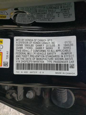 2HGFE2F51NH567834 - 2022 HONDA CIVIC SPORT 黑色 照片 12