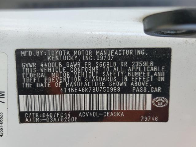 4T1BE46K78U750988 - 2008 TOYOTA CAMRY CE WHITE photo 12