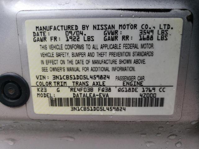 3N1CB51D05L459824 - 2005 NISSAN SENTRA 1.8 SILVER photo 12