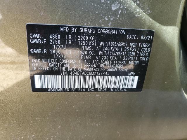 4S4BTADC8M3197445 - 2021 SUBARU OUTBACK PREMIUM GREEN photo 12