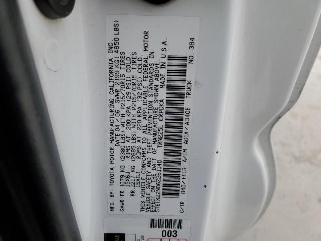 5TETX22N06Z261148 - 2006 TOYOTA TACOMA ACCESS CAB თეთრი ფოტო 12