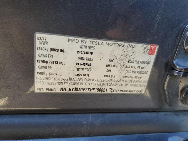 5YJSA1E2XHF190621 - 2017 TESLA MODEL S GRAY photo 12