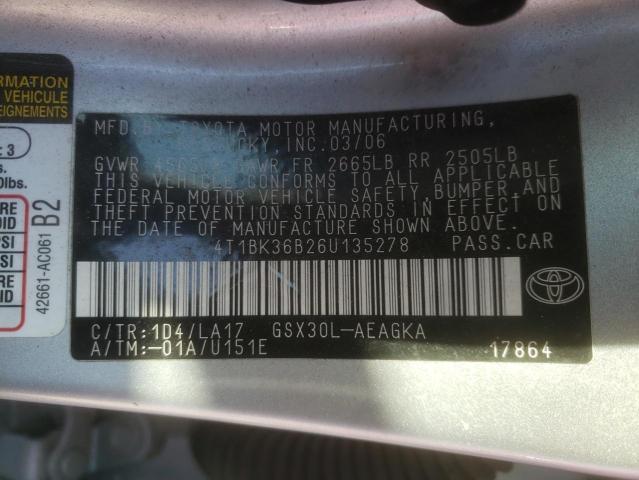 4T1BK36B26U135278 - 2006 TOYOTA AVALON XL SILVER photo 12